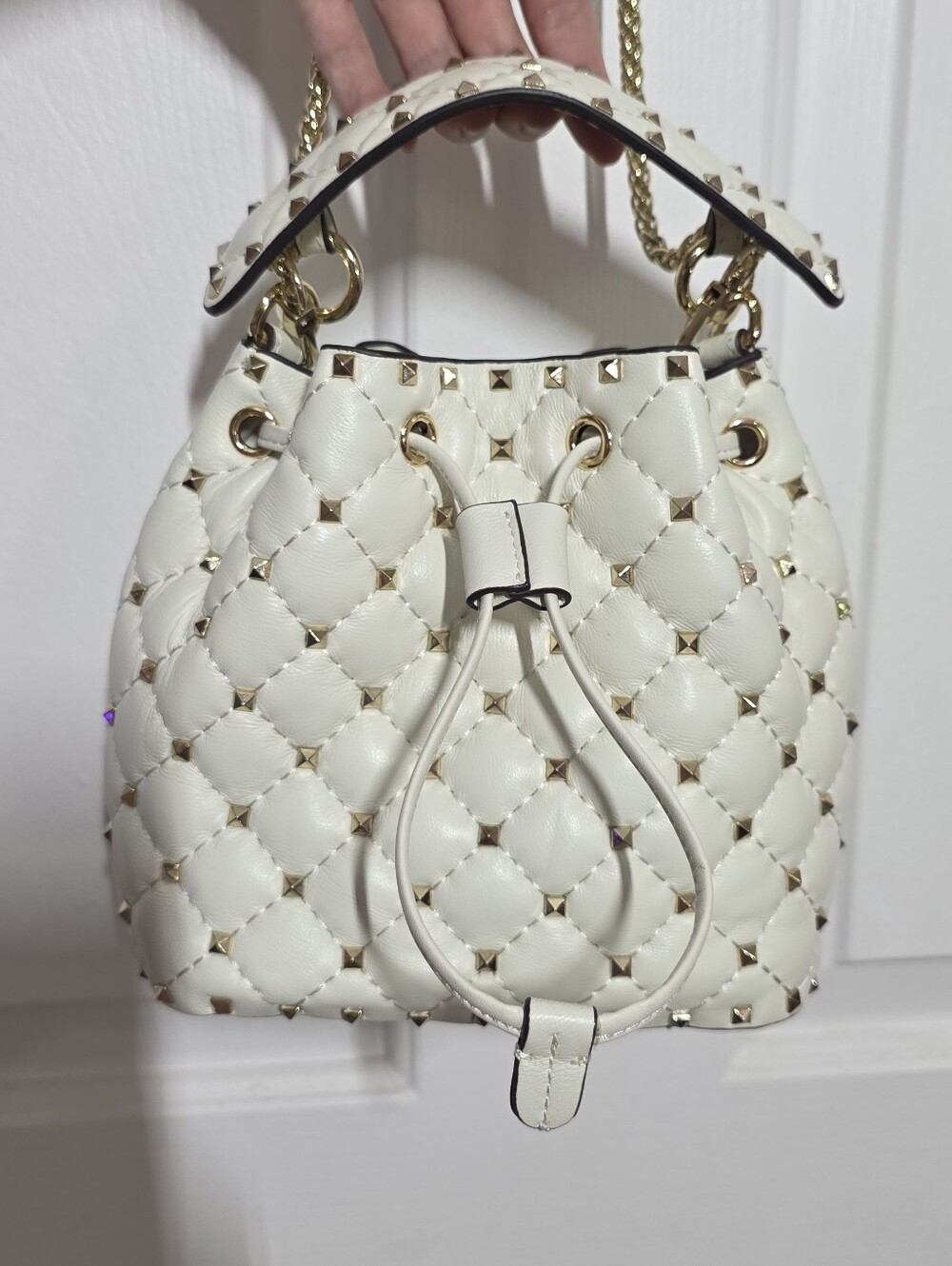 Off White Quilted Studded Drawstring Shoulder Bag - Picture 2 of 13